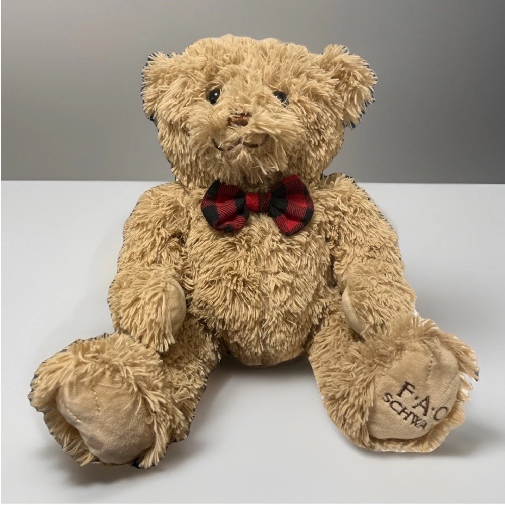 FAO‎ SCHWARZ CREAM SHAGGY TEDDY BEAR PLUSH PLAID BOW TIE CIRCA 2019